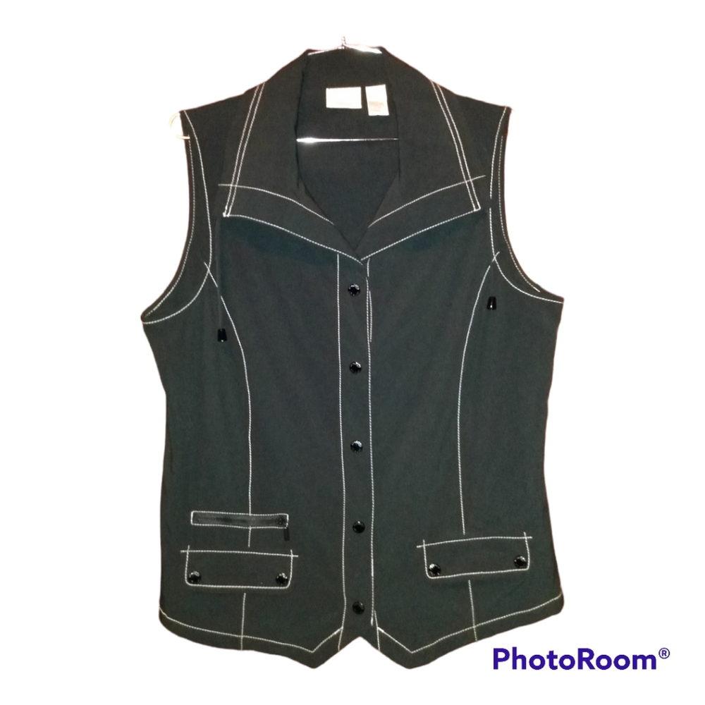 Zenergy By Chicos Black ButtonUp Sleeveless Collared Light Vest/Jacket Large EUC
